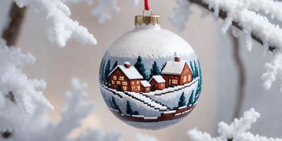 The primary subject of the image is a Christmas ornament featuring a snowy village scene. The ornament is hanging from a tree, and it is surrounded by a white snowy background. The visual style of the image is a combination of digital art and illustration, creating a festive and cozy atmosphere. The colors and mood of the image are predominantly white, with the ornament and snowy village scene being the main focus, evoking a sense of warmth and holiday cheer.